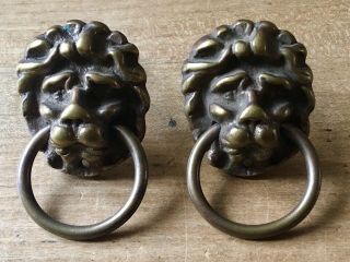 Lions Head Handles Pull Ring Brass Antique Cupboard Drawer Door Pair Vintage