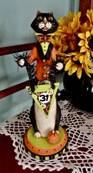 Primitive Folk Art Halloween Gourd Black Cat Ehag Pfatt