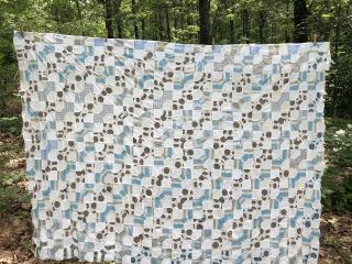 Gorgeous Antique Hand Pieced Quilt Top.  Blues And Browns On A White Background.