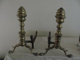 Vintage Beehive Top Ball,  Claw Foot Brass Andirons