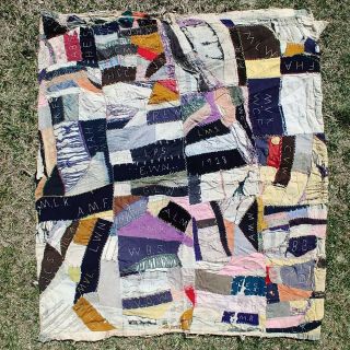 1920s Crazy Quilt Hand Sewn Embroidered Stitching Antique Vintage Initials Names