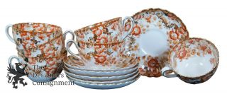 12 Pc Victorian Radfords Fenton Bone China Teacup & Saucer Tea Set Orange Floral
