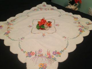 VINTAGE HAND EMBROIDERED TABLECLOTH CRINOLINE LADIES AND COTTAGE GARDEN FLOWERS 2