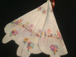 VINTAGE HAND EMBROIDERED TABLECLOTH CRINOLINE LADIES AND COTTAGE GARDEN FLOWERS 4