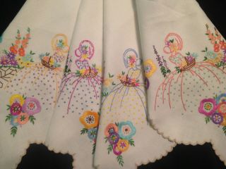 VINTAGE HAND EMBROIDERED TABLECLOTH CRINOLINE LADIES AND COTTAGE GARDEN FLOWERS 5
