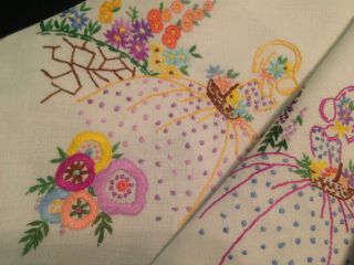 VINTAGE HAND EMBROIDERED TABLECLOTH CRINOLINE LADIES AND COTTAGE GARDEN FLOWERS 6