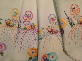 VINTAGE HAND EMBROIDERED TABLECLOTH CRINOLINE LADIES AND COTTAGE GARDEN FLOWERS 8