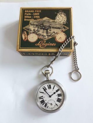 " Longines - 10 Grand Prix " Pocket Watch Open Face Swiss Made,  Box,  Chain