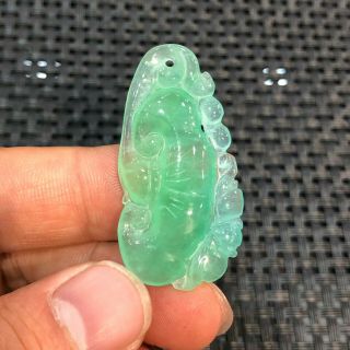 Rare Collectible Chinese Ice Green Jadeite Jade Handwork Luck Bat & Ruyi Pendant