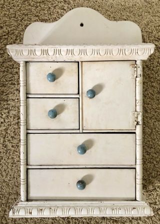 Antique Primitive White Painted Walnut Wood Wall Hanging Cabinet 4 Drawer &door