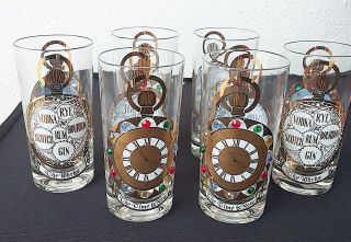 Culver Mcm Vintage 6 Tall Bar Glasses Pocket Watch Jewels & Gold " Time Is Now "