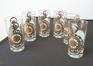 CULVER MCM VINTAGE 6 TALL BAR GLASSES Pocket Watch Jewels & Gold 