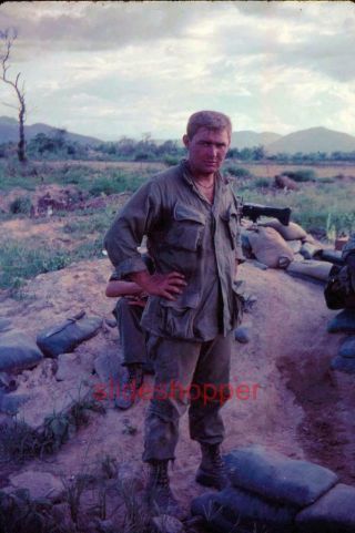Slide Photo Vietnam War Tired Dirty Army Soldier Machine Gunner At Outpost 1968