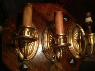 SET (3) Antique Vintage 1920 ' s Deco GOLD GILT BRASS ELECTRIC candle SCONCES pair 2