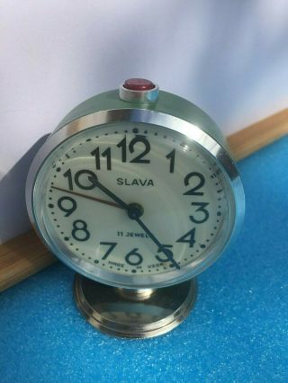 Vintage Mechanical Alarm Clock Slava 11 Jewels Russian Russia Soviet Ussr Rare