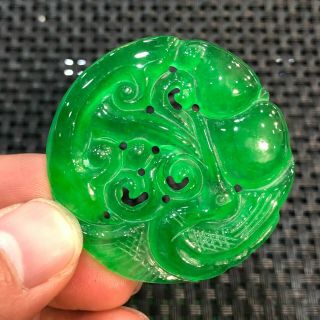 Chinese Handwork Green Ice Jadeite Jade Collectible Bird & Ruyi Round Pendant