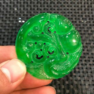 Chinese Handwork Green Ice Jadeite Jade Collectible Bird & Ruyi Round Pendant 2