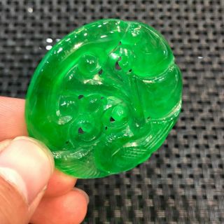 Chinese Handwork Green Ice Jadeite Jade Collectible Bird & Ruyi Round Pendant 3