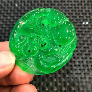 Chinese Handwork Green Ice Jadeite Jade Collectible Bird & Ruyi Round Pendant 4