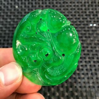 Chinese Handwork Green Ice Jadeite Jade Collectible Bird & Ruyi Round Pendant 5