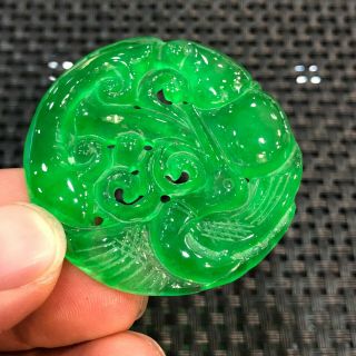 Chinese Handwork Green Ice Jadeite Jade Collectible Bird & Ruyi Round Pendant 6