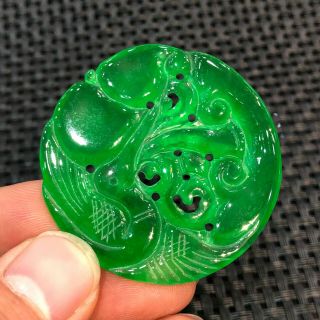 Chinese Handwork Green Ice Jadeite Jade Collectible Bird & Ruyi Round Pendant 8