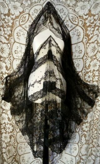 Victorian Black Lace Long Scarf Panel Antique Museum 2mtr Long,  1920s Scarf