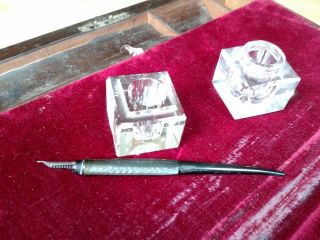 Antique 19th c Wooden Slope\Lap Desk with Esterbrook pen & crystal ink wells 3