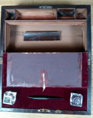 Antique 19th c Wooden Slope\Lap Desk with Esterbrook pen & crystal ink wells 6