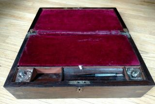 Antique 19th c Wooden Slope\Lap Desk with Esterbrook pen & crystal ink wells 7