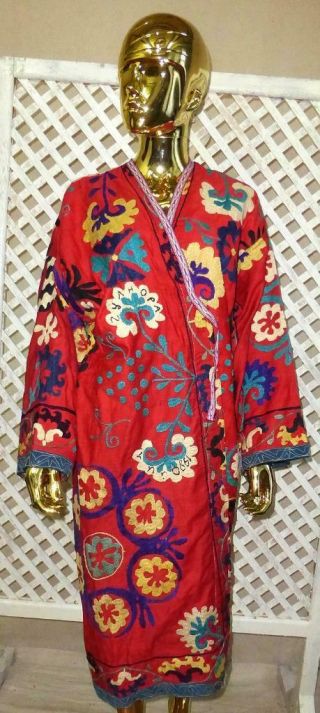Vintage Old Gorgeous Uzbek Silk Hand Embroidery Robe Chapan Jacket Caftan 1413