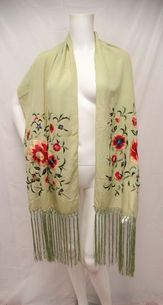 1920 ' s Flapper EMBROIDERED SILK SHAWL SCARF Vibrant Flowers Long Fringe 2