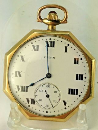 1917 Elgin Gf Pocket Watch 17 Jewels Octagon Shape 12s Grade 345 Ruby Cabochon
