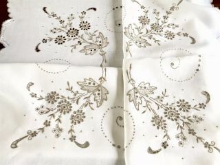 Vintage Hand Embroidered Off White & Taupe Linen Tablecloth 41x42 Inches