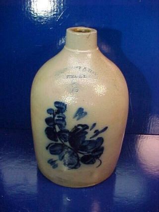 19thc Whites Of Utica Stoneware 2 Gal Jug W Large Blue Flower Decoration