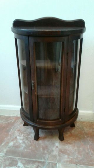 Antique Wooden Bow Fronted Display Cabinet Vgc