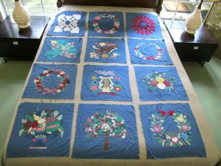 12 Vintage Masterfully Hand Made Applique Quilt Blocks,  All Different Patterns