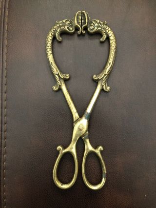 Vintage Cast Brass Coal Hearth Tongs Figural Serpents 9 1/2” Ornate Antique