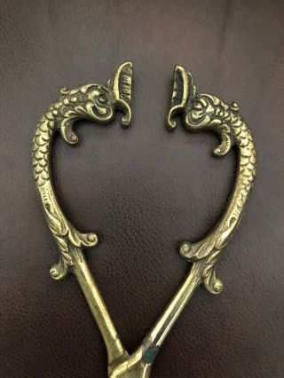 Vintage Cast Brass Coal Hearth Tongs Figural Serpents 9 1/2” Ornate Antique 3