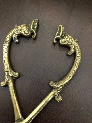 Vintage Cast Brass Coal Hearth Tongs Figural Serpents 9 1/2” Ornate Antique 7