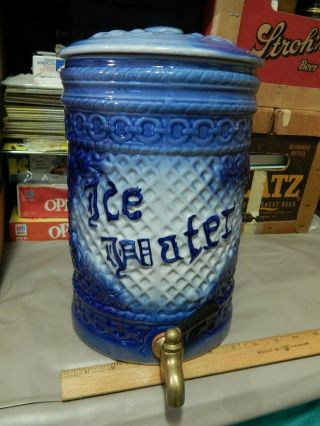 Ice Water Shades Of Blue Ceramic Crock W/ Brass Spigot Vtg " Lion Crest Mark "