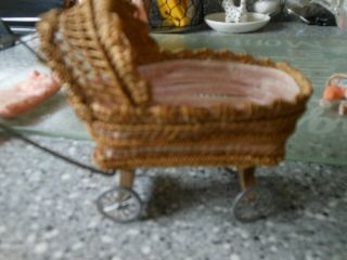 Vintage Wicker Doll Carriage And Doll
