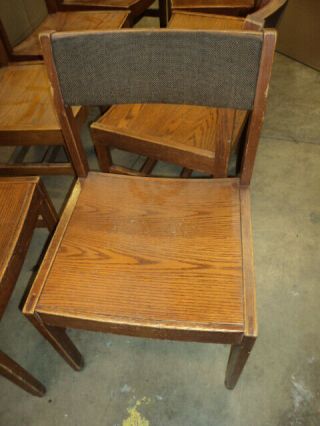 Antique Vintage Courtroom Guest Dining Wooden Oak Chair With Brown Fabric 1960