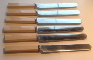 6 FIRTH STAINLESS Deco SUPERIOR CO Sheffield KNIVES Celluloid Butter Knife,  box 4