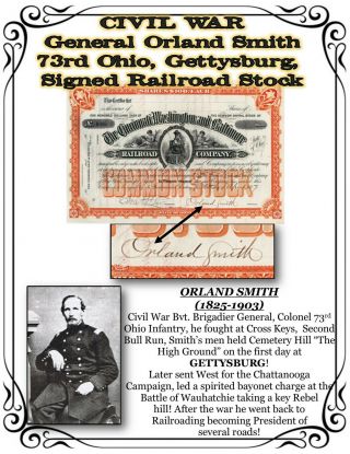 Civil War General Orland Smith 73rd Ohio,  Gettysburg,  Signed Railroad Stock