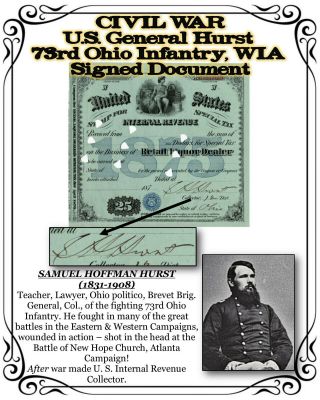 Civil War U.  S.  General Hurst 73rd Ohio Inf. ,  Wia Signed Document