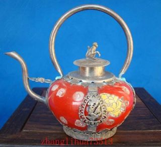 Collectible Chinese Handmade Silver & Porcelain Inlaid Teapot Red