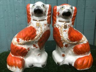 Pair Mid 19thc Staffordshire Large Russet Red & White Spaniel Dogs C1850s