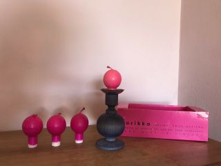 Rare Aarikka Finland Wooden Candle Holder Scandinavian Beads Purple Pink Boxed