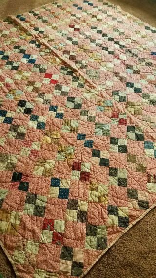 Antique Vtg Four Square Patch Block Quilt Calico Paisley Striped Floral 84x85